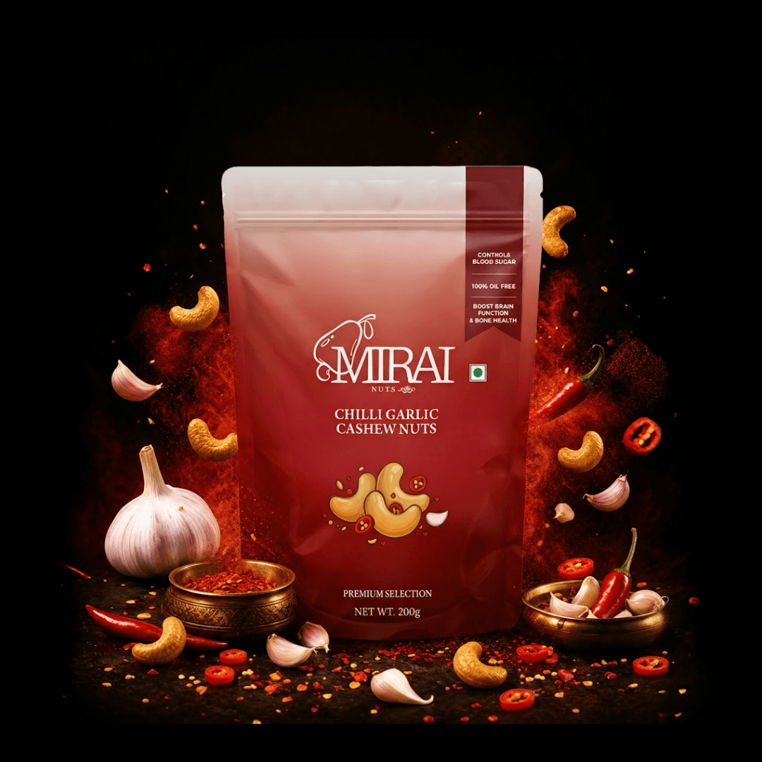 Chilli Garlic flavored cashews by Mirai Nuts